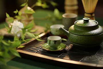 A traditional green tea set on a bamboo tray