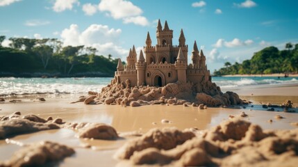 Sand castle constructed on a beach embodying creativit. Generative AI