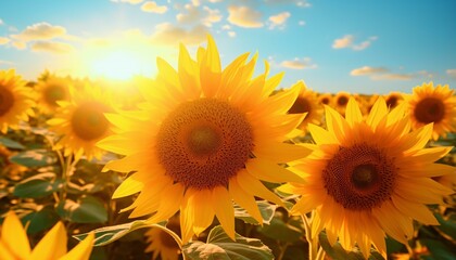 A beautiful field of sunflowers with the sun shining brightly in the background