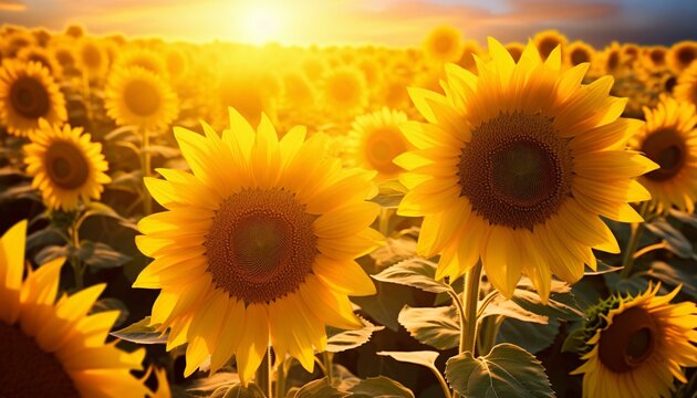 A breathtaking sunflower field at sunset