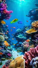 Naklejka na ściany i meble A vibrant and diverse underwater world in a large aquarium