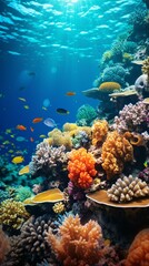 Naklejka na ściany i meble A vibrant coral reef teeming with diverse fish species