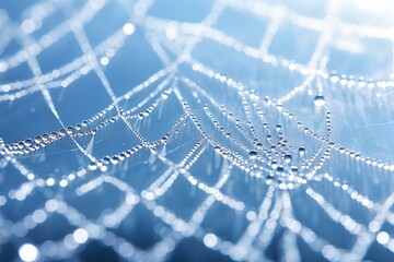 A dew-covered spider web, glistening in the sunlight