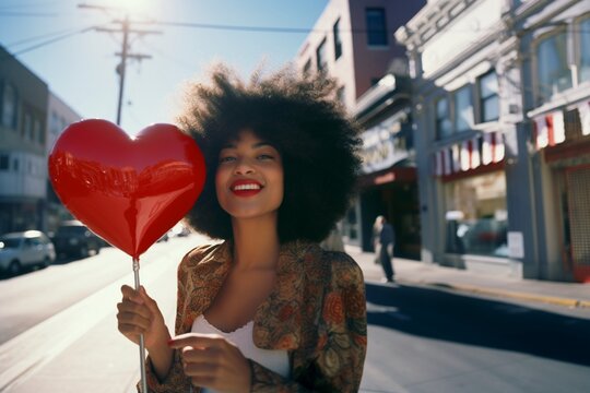 Brunette girl with afro hair holding a red heart-shaped balloon, on the street on a sunny day. Horizontal image.