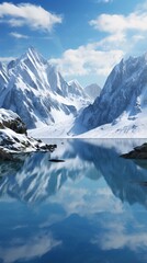 Fototapeta na wymiar A serene lake nestled among majestic snow-capped mountains under a clear blue sky