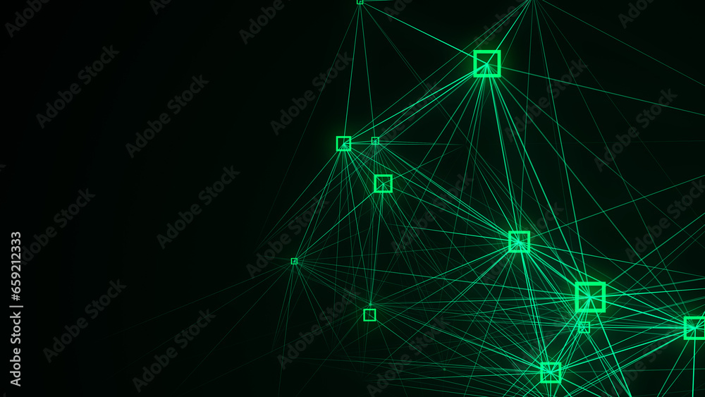 Poster Block chain technology concept. Big data visualization. Artificial intelligence. Green network connection structure. Abstract digital background with matrix. 3d rendering.
