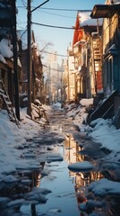 wintry urban alley bathed in golden sunlight, reflecting off melting snow and puddles, skyline visible in the distance, contrast, warmth and cold, narrow alleyway, with high rises as the backdrop