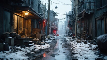 City alley way, narrow, icy, covered in snow, mystery and exploration, snow-dusted, snow covered, vintage feel, red hues of hanging lanterns, soft glow of dawn breaking, overcast sky.