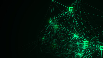 Block chain technology concept. Big data visualization. Artificial intelligence. Green network connection structure. Abstract digital background with matrix. 3d rendering.