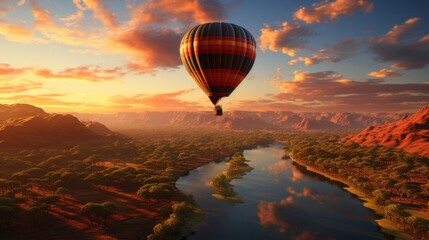 Serene hot air balloon journey during the sunset hours. Generative AI