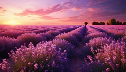 A serene lavender field at sunset with a solitary tree in the distance
