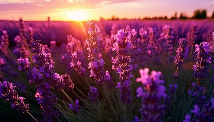 Naklejka premium A lavender field at sunset