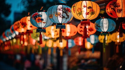 A vibrant display of paper lanterns hanging in a row