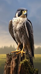 A majestic falcon perched on a tree stump