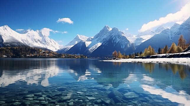 A serene lake nestled among snow-capped mountains and towering trees