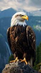 A majestic bald eagle perched on a rugged rock