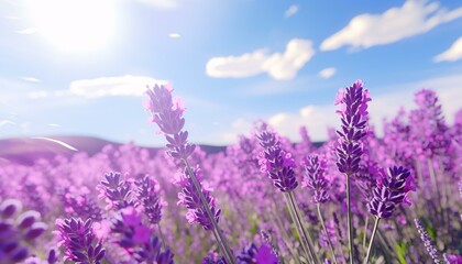 Fototapeta premium A vibrant field of purple flowers under a clear blue sky