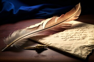 A feather quill on a paper surface
