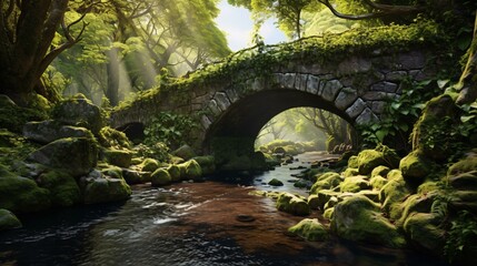 Fototapeta na wymiar A picturesque bridge over a serene stream in the heart of a lush forest