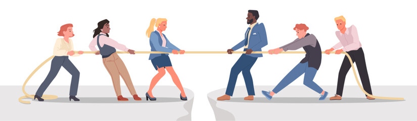 Obraz premium Tug of war between male and female employees, men vs women concept vector illustration. Cartoon workers competitors pull rope in competition, feminism, gender gap and battle for equality in office