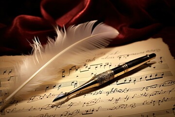 A pen and a feather on a sheet of music, creating a harmonious composition
