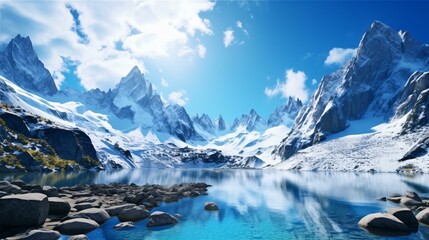 Fototapeta na wymiar A crystal clear mountain lake nestled among majestic snow-capped peaks