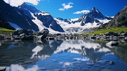 A scenic mountain range reflected in a serene lake, framed by rugged rocks