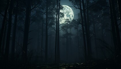 Obraz premium A mysterious forest illuminated by the light of a full moon