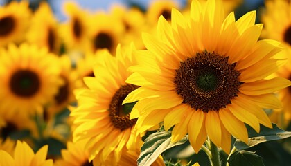 Obraz premium A vibrant field of sunflowers stretching towards the sky
