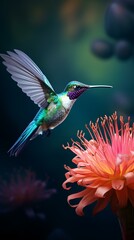 A hummingbird in flight over a vibrant pink flower