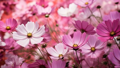A vibrant field of pink and white flowers in full bloom