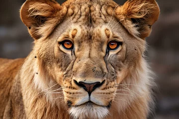 Fotobehang A majestic lion with intense orange eyes © KWY