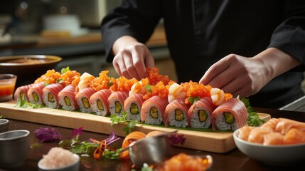 Obraz premium Skilled chefs hands meticulously preparing sushi ingre. Generative AI