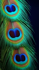 Zelfklevend Fotobehang A close-up of vibrant peacock feathers against a dramatic dark background © KWY
