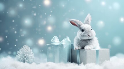 rabbit with gift box on New Year's background, winter gifts. Christmas card.