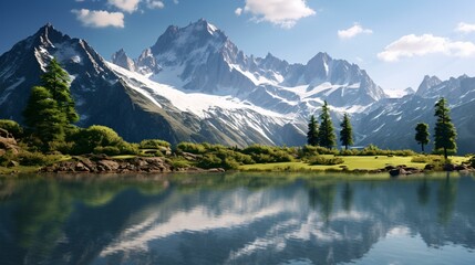 A picturesque mountain landscape with a serene lake in the foreground