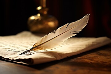 A feather quill on a paper surface - obrazy, fototapety, plakaty
