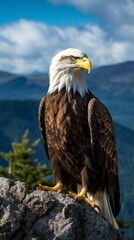 A majestic bald eagle perched on a rugged rock