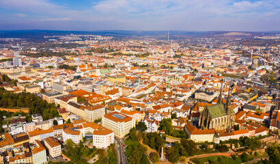 Obraz premium Aerial view of center of Czech town of Brno on autumn day overlooking Cathedral of Saints Peter and Paul on Petrov hill