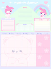 Cute monthly planner inspiration notepaper design printable .  White pink pages for tags , weekly notes,  to do list minimal style with animal cartoon character kawaii school board timetable 2024