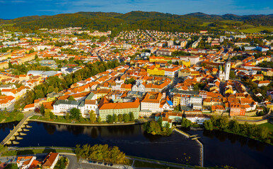 Fototapeta na wymiar Aerial cityscape of small Czech town Pisek