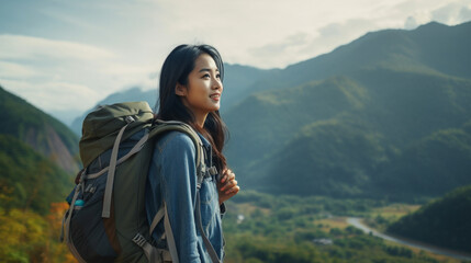Naklejka premium Side view happy young asian traveler woman carrying backpack. Mountains background