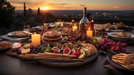 Fototapeta premium Table adorned with food and candles creating an inviti. Generative AI