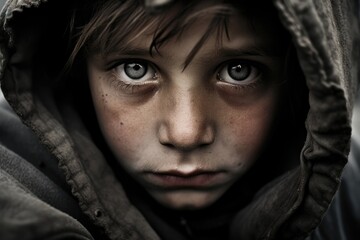 A haunting closeup of a childs frightened face, caught in the middle of a war that was never meant for innocence.