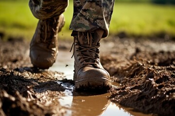 Closeup of a soldiers muddy boots as he marches through a field.
