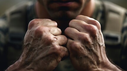 Closeup of a soldiers hands, calloused and tough from training and combat, highlighting the physical demands and challenges of military life.
