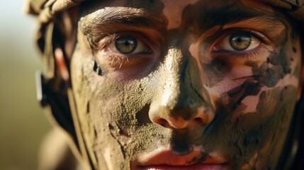 Closeup of an Israel soldiers camouflage face paint, expertly applied for maximum effectiveness in the field. - obrazy, fototapety, plakaty