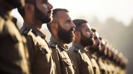 A line of Israel soldiers standing at attention, their faces stoic and focused during a military ceremony. - obrazy, fototapety, plakaty