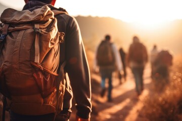 Closeup of a group of refugees carrying their few belongings on their backs, determined to find a better life. - obrazy, fototapety, plakaty