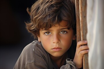 Emotional closeup of a refugee boy, lost in thought and longing for his home and family. - obrazy, fototapety, plakaty